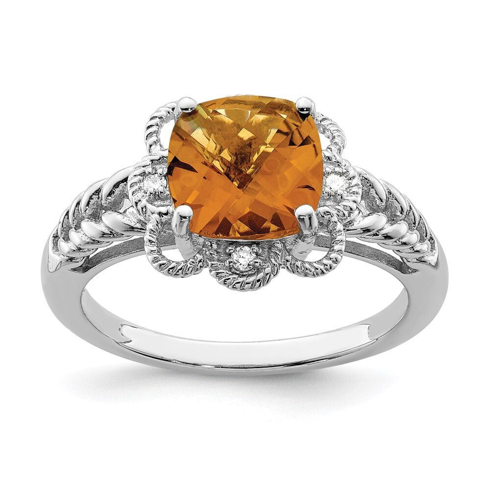 Sterling Silver Rhodium Checker-Cut Whiskey Quartz & Diamond Ring Size 9