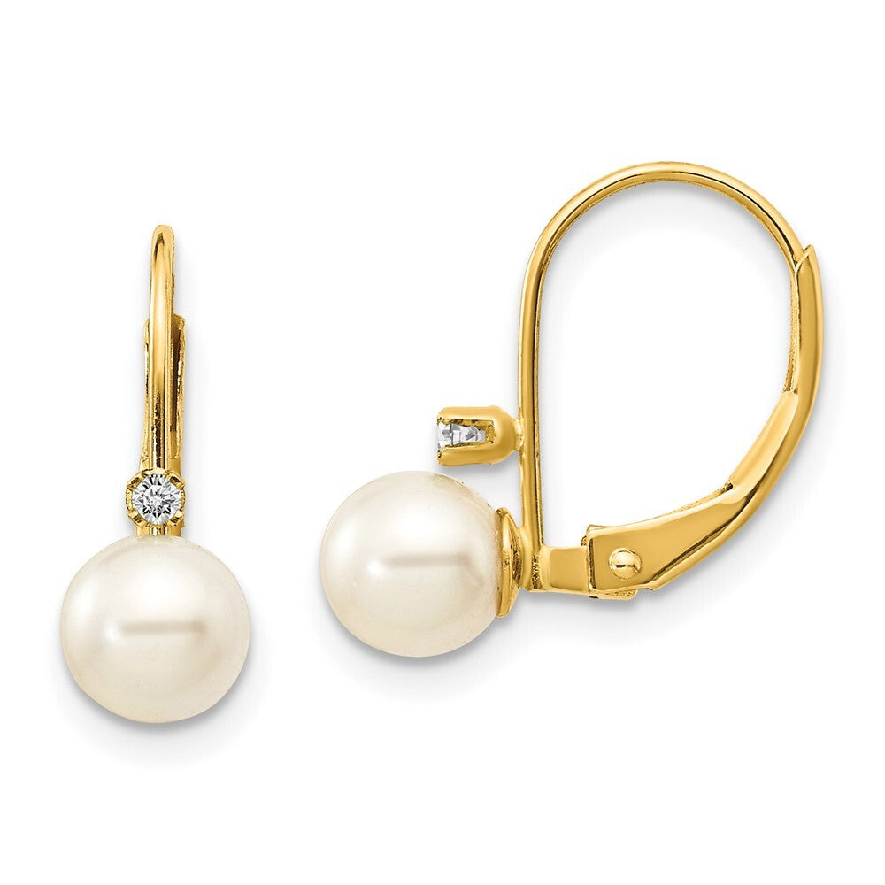 14k Yellow Gold 5-6mm FW Cultured Pearl AA Diamond Leverback Earrings