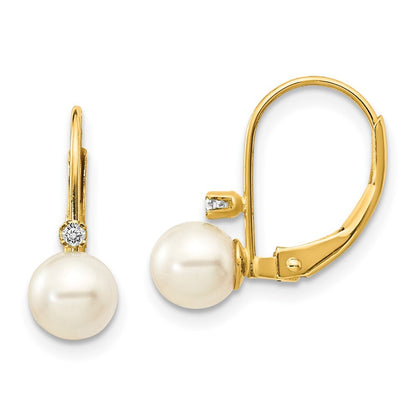 14k Yellow Gold 5-6mm FW Cultured Pearl AA Diamond Leverback Earrings