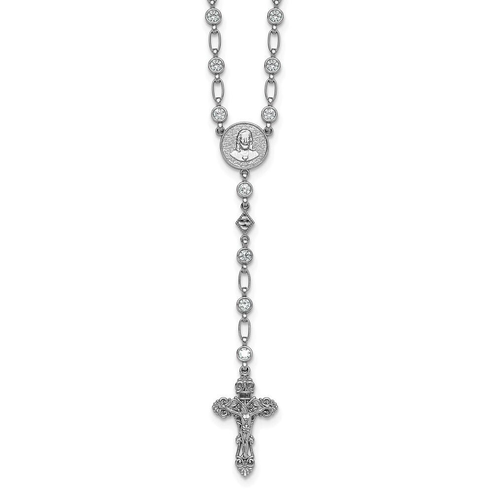 Sterling Silver Polished Round Cubic Zirconia 25.25in Rosary Necklace