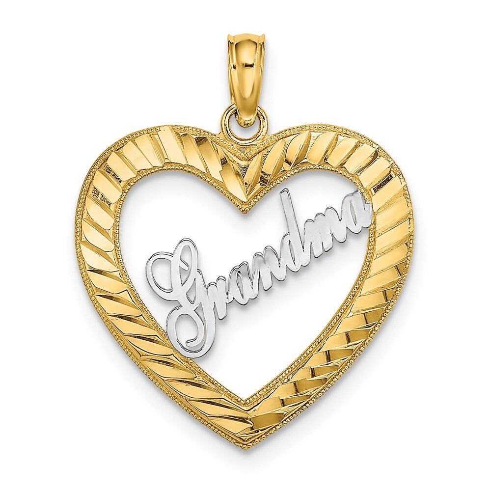 14k Yellow Gold  White Rhodium Diamond-cut Heart GRANDMA Charm Pendant