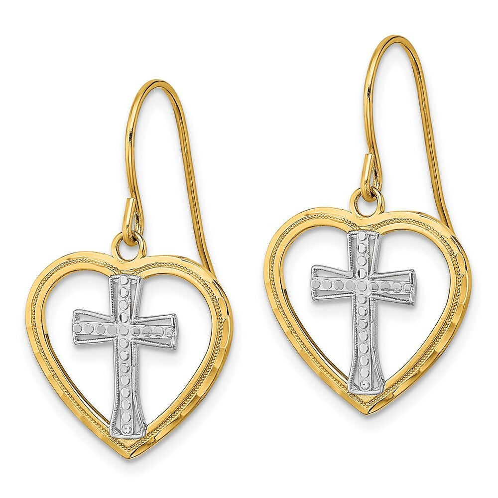 14k Yellow Gold Rhodium Cross In Center Heart Stud Earrings Gift for Women