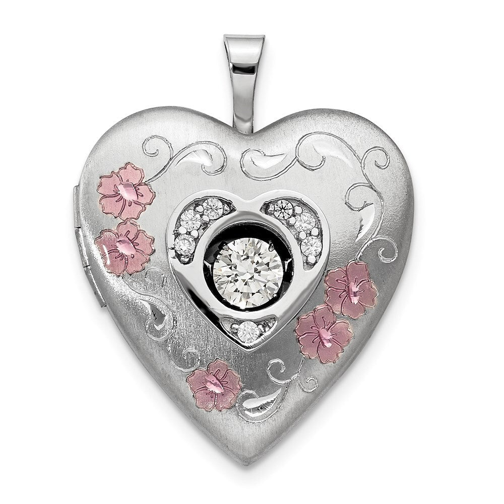 Sterling Silver Satin/Polish Enamel 20mm Cubic Zirconia Heart Locket Pendant