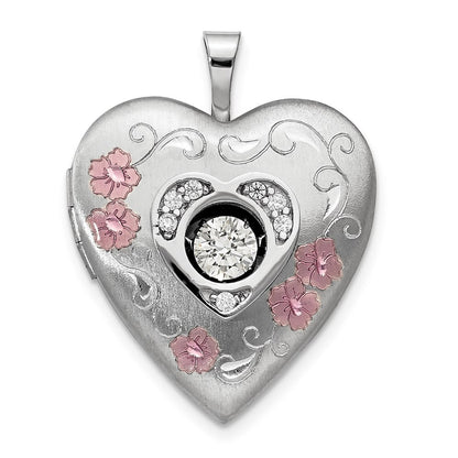 Sterling Silver Satin/Polish Enamel 20mm Cubic Zirconia Heart Locket Pendant