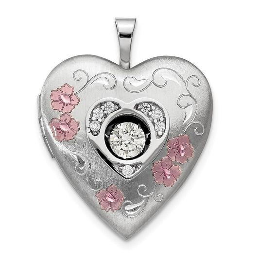Sterling Silver Satin/Polish Enamel 20mm Cubic Zirconia Heart Locket Pendant