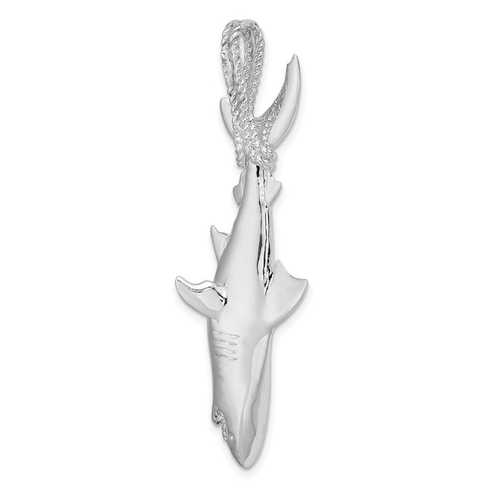 Sterling Silver Rhodium-plated Polished 3D Shark Hanging from Rope Pendant