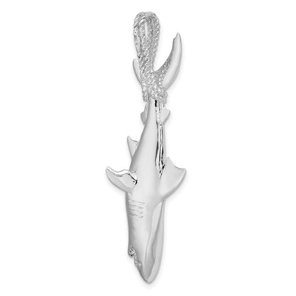 Sterling Silver Rhodium-plated Polished 3D Shark Hanging from Rope Pendant