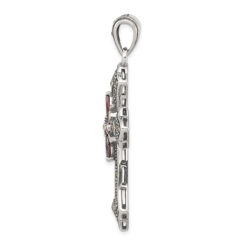 Sterling Silver Antiqued Red Marquise Cubic Zirconia Marcasite Cross Pendant