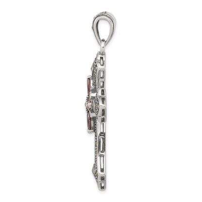 Sterling Silver Antiqued Red Marquise Cubic Zirconia Marcasite Cross Pendant