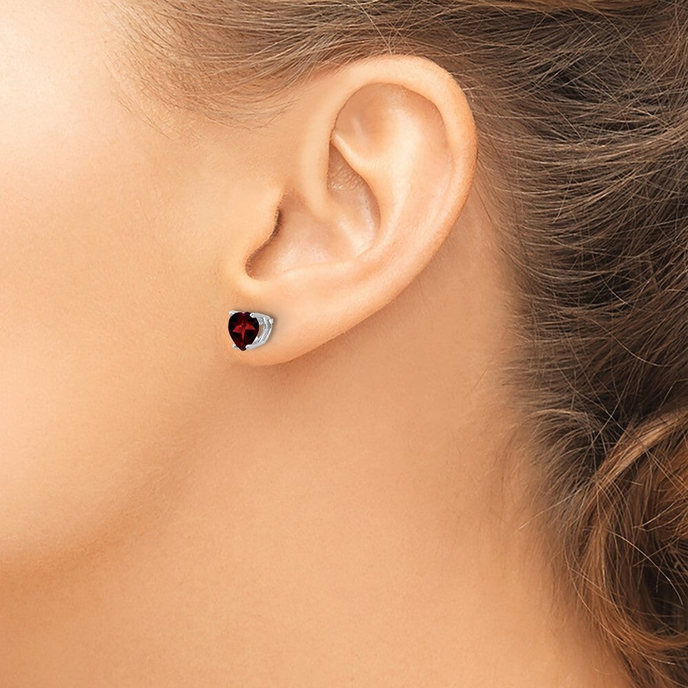 14k White Gold 6mm Heart Garnet Stud Earrings Gift for Women