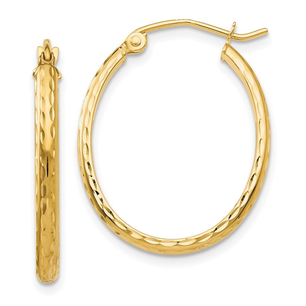 14k Yellow Gold Lightweight Diamond-cut Oval Hoop Earrings Gift for Women