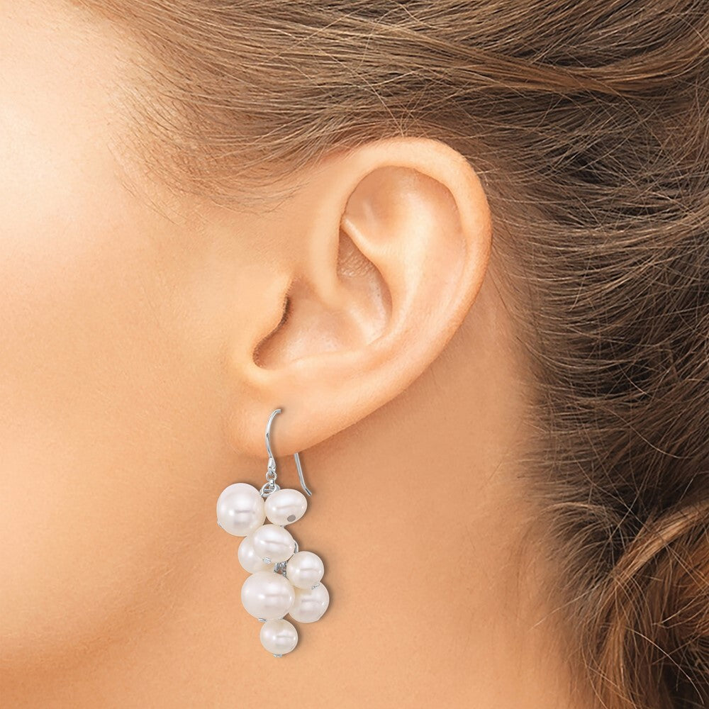 Sterling Silver 6-10mm White Near-Round Cultured Pearl Dangle Earrings