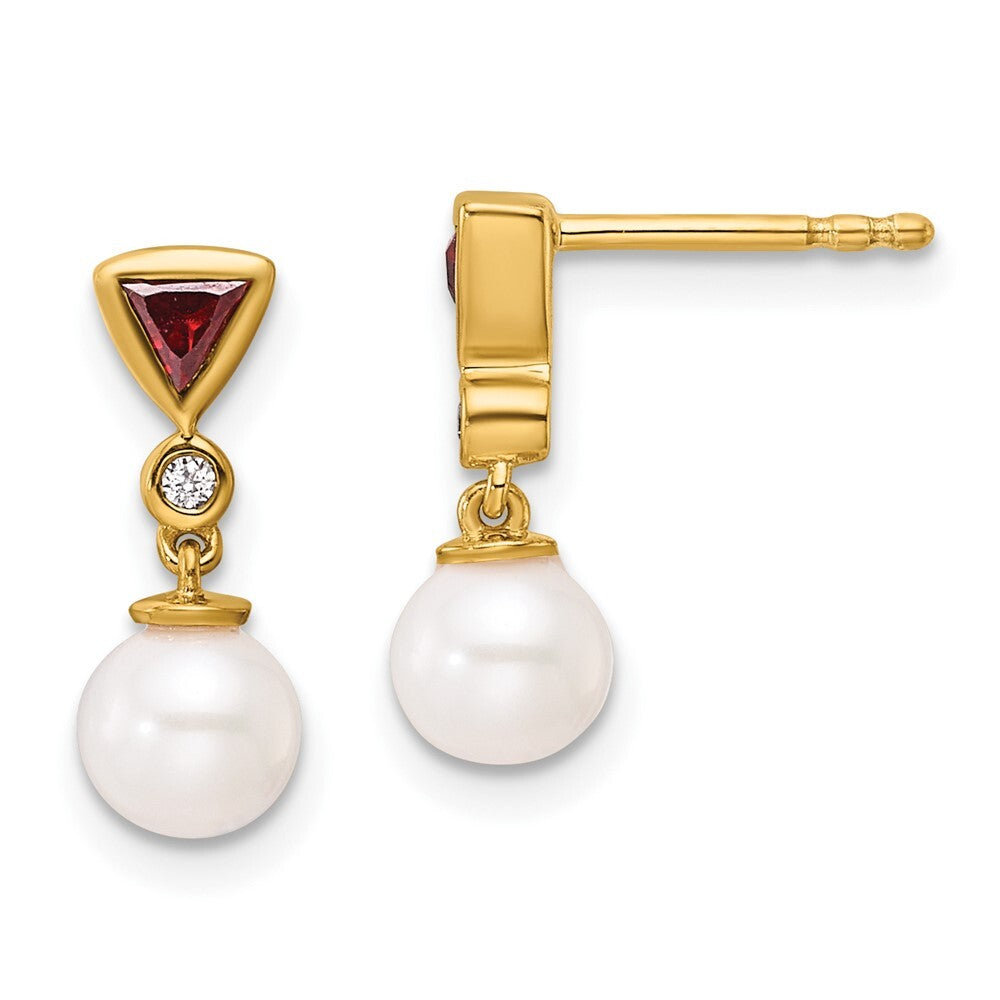 14k Yellow Gold Polished Diamond and Ruby Pearl Dangle Earrings