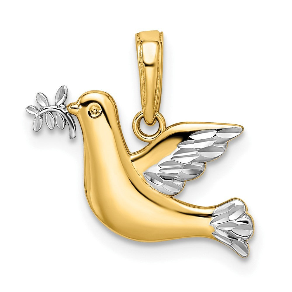14k Yellow Gold White Rhodium Polished Diamond-cut Dove Charm