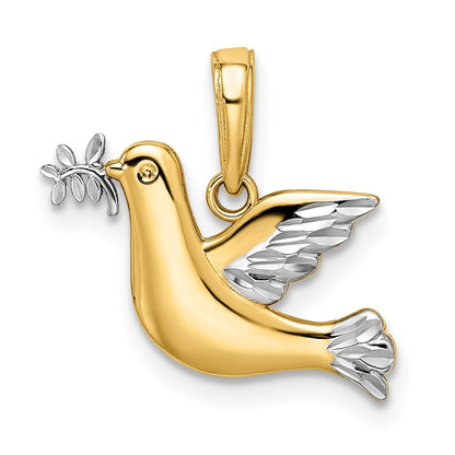14k Yellow Gold White Rhodium Polished Diamond-cut Dove Charm