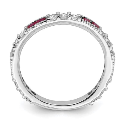Sterling Silver Rhodium-plated Created Ruby and Round Cubic Zirconia Band Size 7