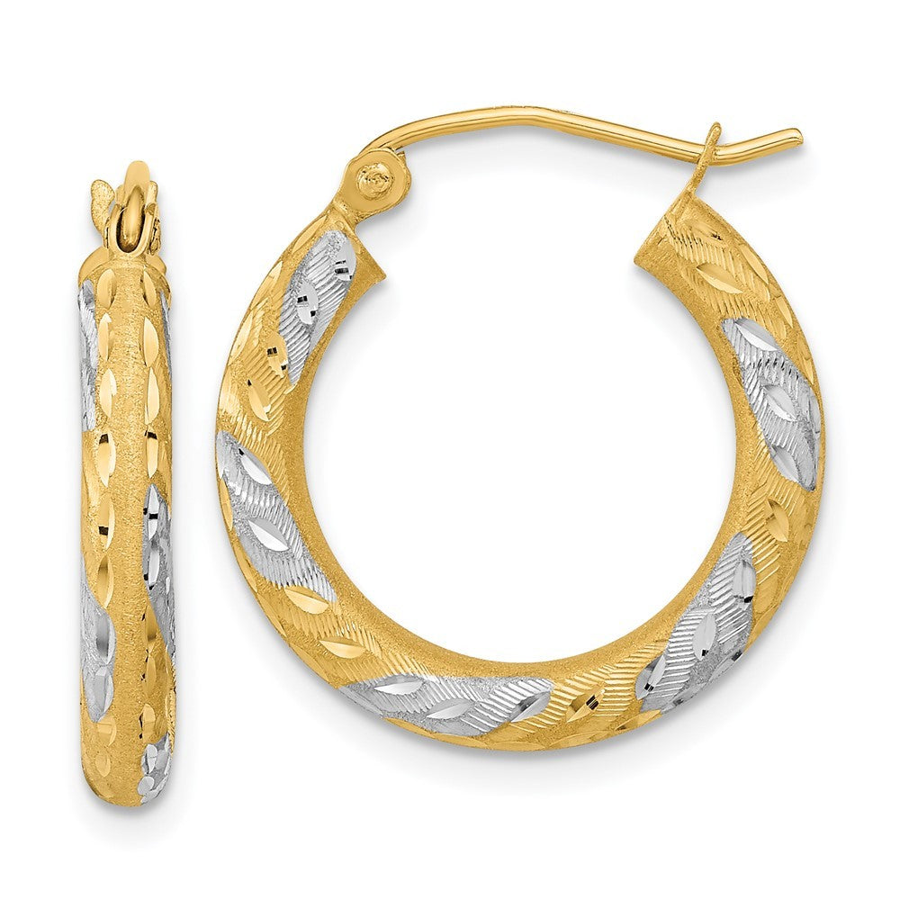 14k Yellow Gold White Rhodium Diamond-cut Satin Hoop Earrings