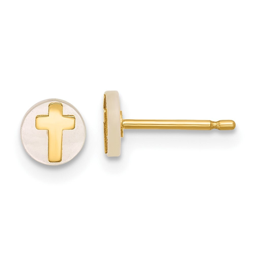 14k Yellow Gold Polished Round Mother of Pearl with Cross Stud Earrings