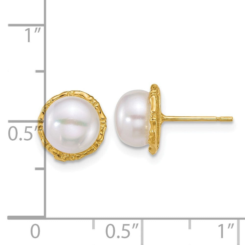 14k Yellow Gold Textured 8mm Button Freshwater Cultured Pearl Stud Earrings
