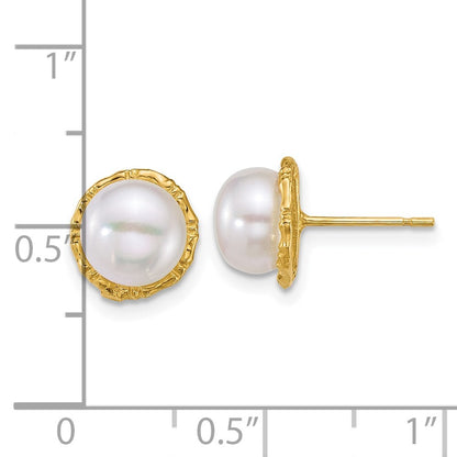 14k Yellow Gold Textured 8mm Button Freshwater Cultured Pearl Stud Earrings