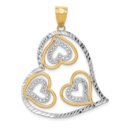 14k Yellow Gold Rhodium Polished Hearts Inside Heart Pendant