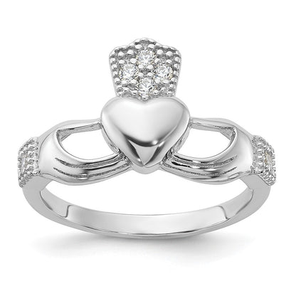 Sterling Silver Rhodium-plated CZ Claddagh Ring Size 6