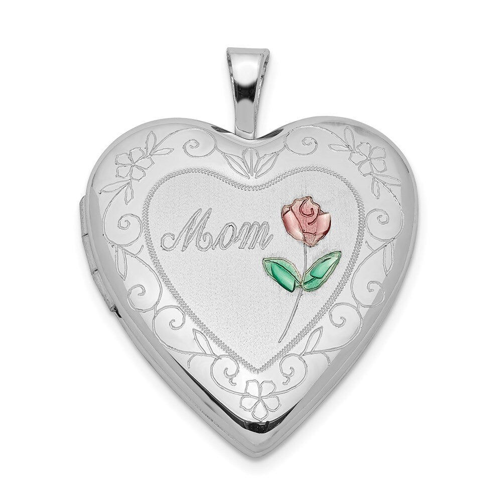 Sterling Silver Rhod-plated 20mm Diamond-cut & Enameled Mom Rose Heart Locket