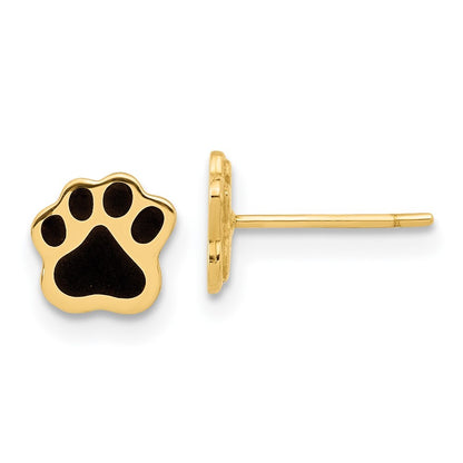 14k Yellow Gold Polished Paw with Black Enamel Stud Earrings Gift for Women