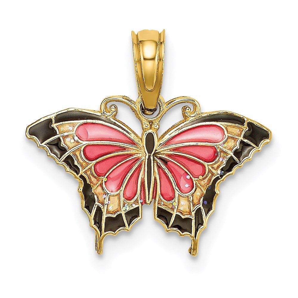 14k Yellow Gold Small Enameled Pink Butterfly Charm