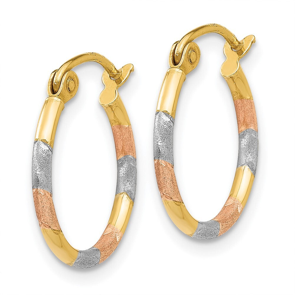 14k Yellow Gold White and Rose Rhodium 1.5mm Satin & Diamond-Cut Hoop Earrings