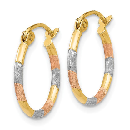 14k Yellow Gold White and Rose Rhodium 1.5mm Satin & Diamond-Cut Hoop Earrings