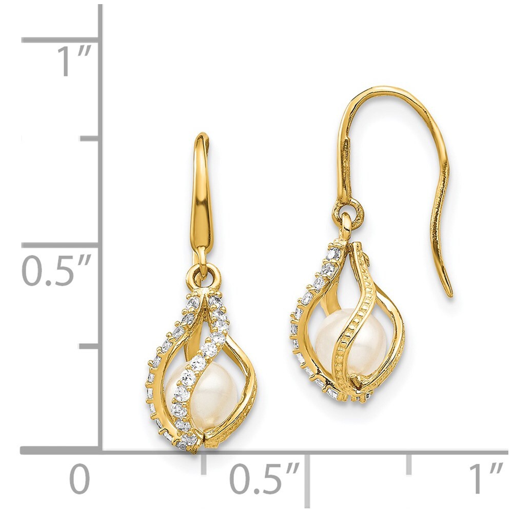 14k Yellow Gold Freshwater Cultured Pearl Cubic Zirconia Cage Dangle Earrings