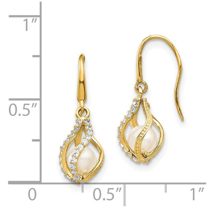 14k Yellow Gold Freshwater Cultured Pearl Cubic Zirconia Cage Dangle Earrings