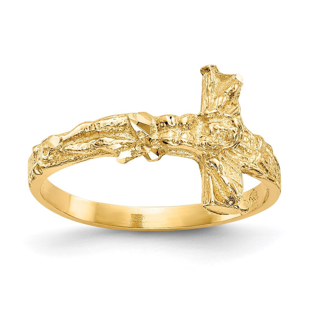 14K Yellow Gold Diamond-cut Crucifix Ring