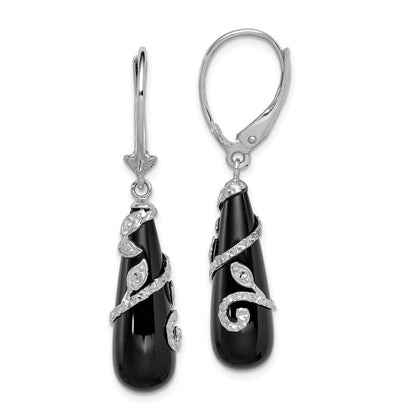 Sterling Silver Polished & Diamond-cut Wrapped Onyx Teardrop Dangle Earrings