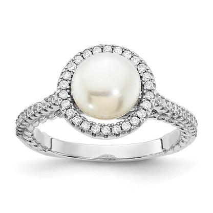 Sterling Silver 7-8mm Button White Freshwater Cultured Pearl and CZ Ring Size 8