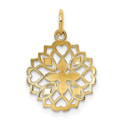14k Yellow Gold Rhodium Center Flower and Heart Charm Pendant for Women