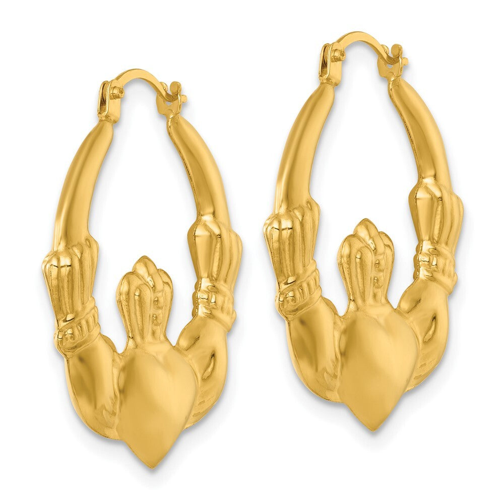 14k Yellow Gold Polished Claddagh Hoop Earrings Gift for Women
