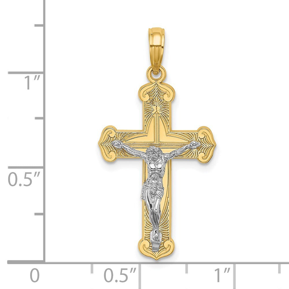 14k Two-tone Gold Engraved Crucifix Charm Pendant for Women
