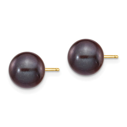 14k Yellow Gold 8-9mm Black Round Freshwater Cultured Pearl Stud Earrings