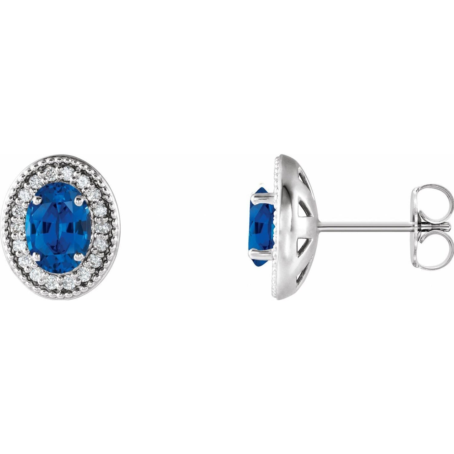 14k White Gold 6x4 mm Blue Sapphire and 1/5 CTW Diamond Halo-Style Stud Earrings