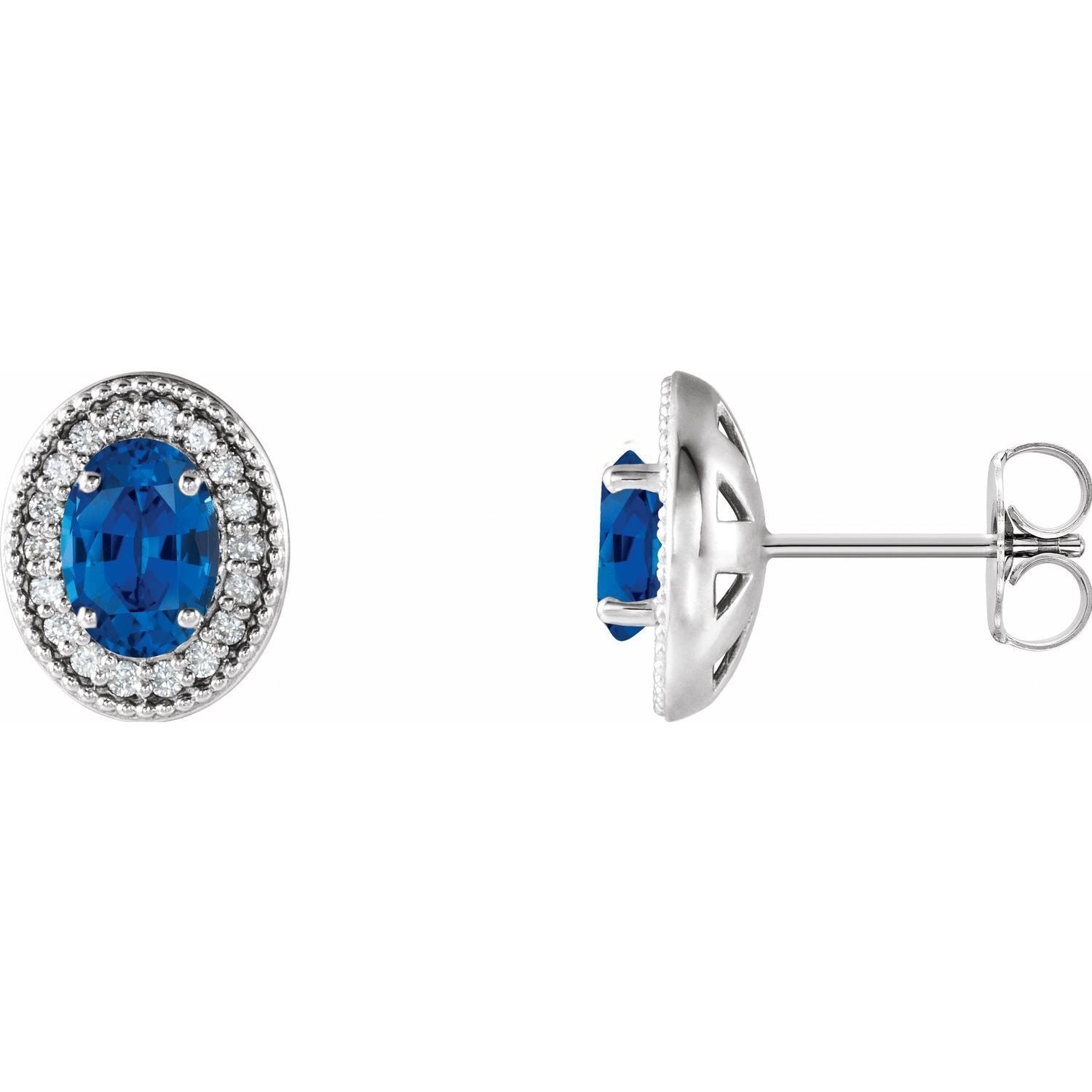 14k White Gold 6x4 mm Blue Sapphire and 1/5 CTW Diamond Halo-Style Stud Earrings