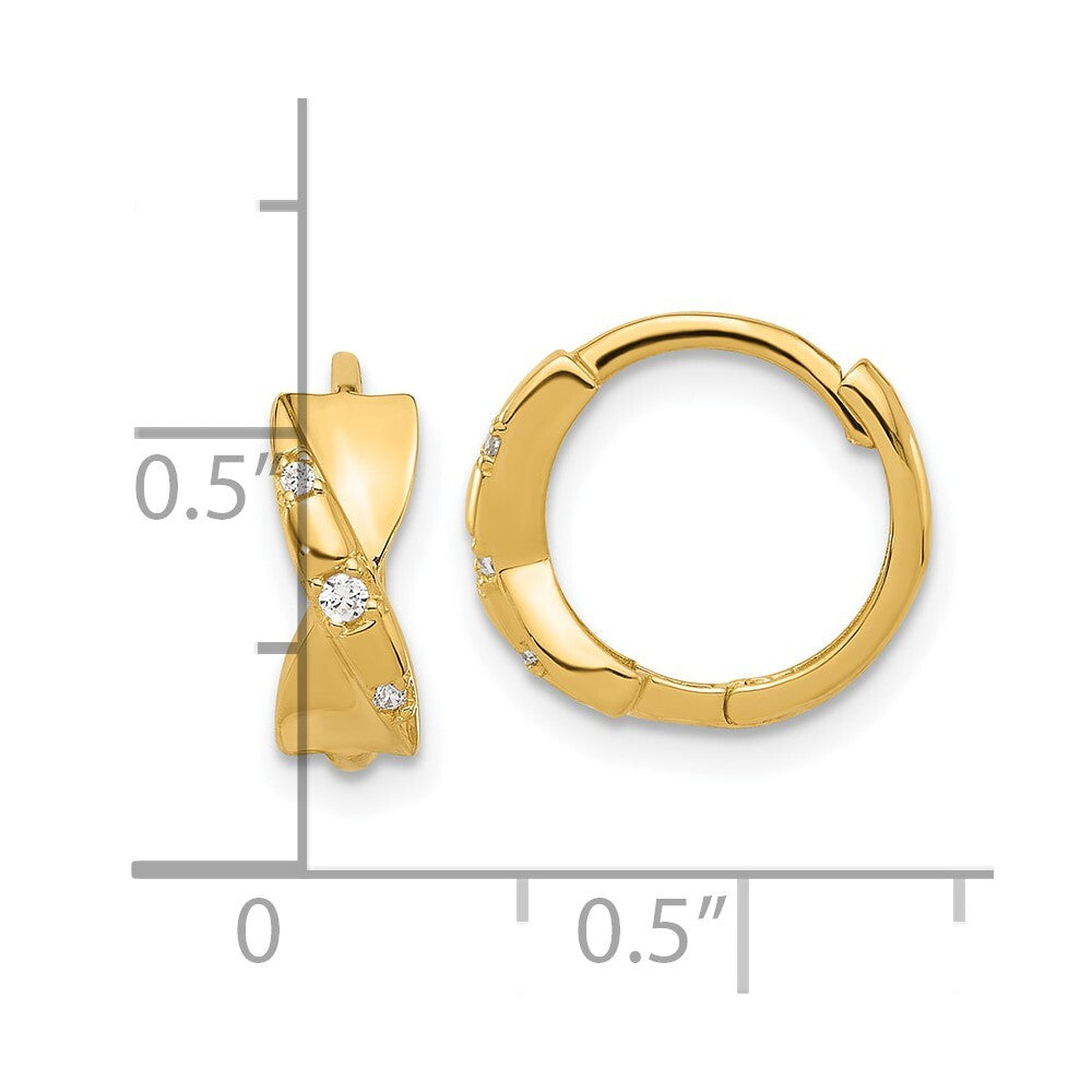 14k Yellow Gold Polished Cubic Zirconia Criss Cross Twist Hinged Hoop Earrings
