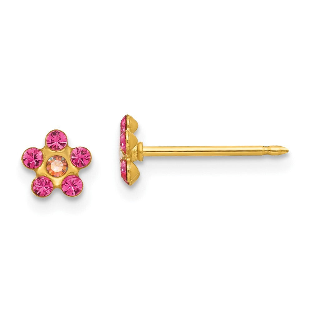 14k Yellow Gold October Pink Crystal Birthstone Flower Stud Earrings