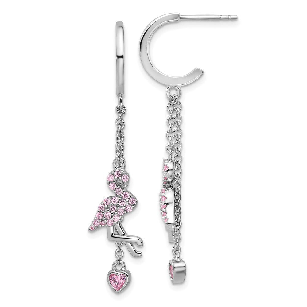 Sterling Silver Pink Cubic Zirconia Flamingo Heart Post Hoop Earrings