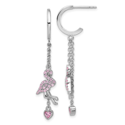 Sterling Silver Pink Cubic Zirconia Flamingo Heart Post Hoop Earrings