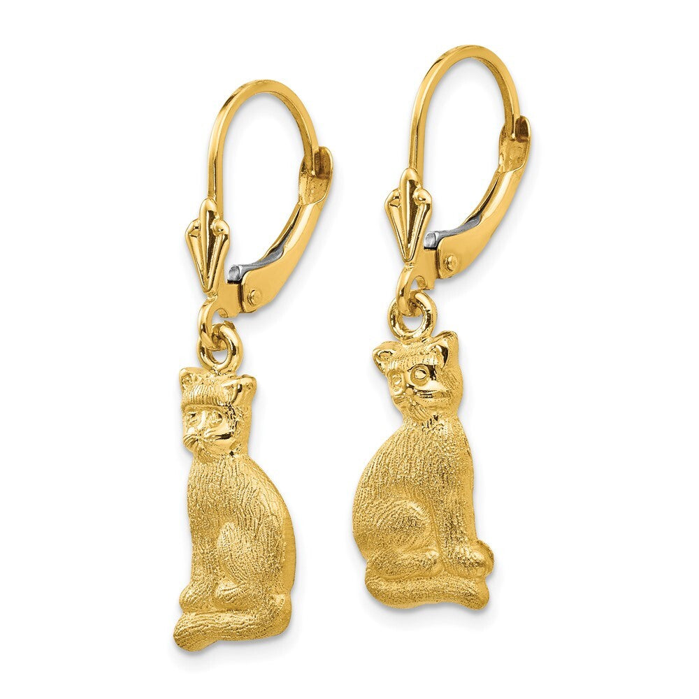 14k Yellow Gold Satin Cat Dangle Leverback Earrings