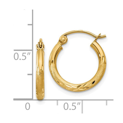14k Yellow Gold Satin and Diamond-cut 2mm Round Tube Hoop Earrings