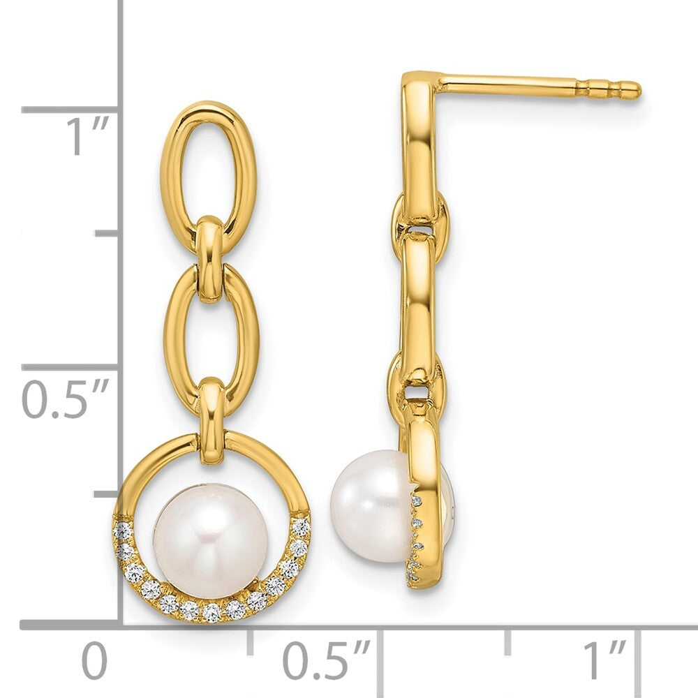 14k Yellow Gold Polished Diamond and Pearl Open Circle Dangle Earrings