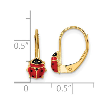 14k Yellow Gold Polished Enameled Ladybug Dangle Earrings Leverback